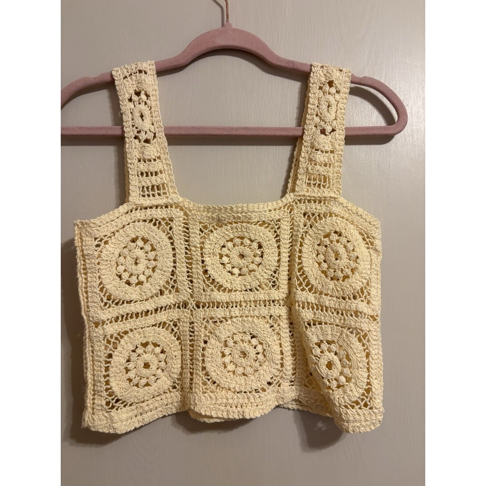 Tilly’s Crochet Cotton Cropped Tank Top cream Sleeveless Wide Strap Size L - Picture 2 of 9